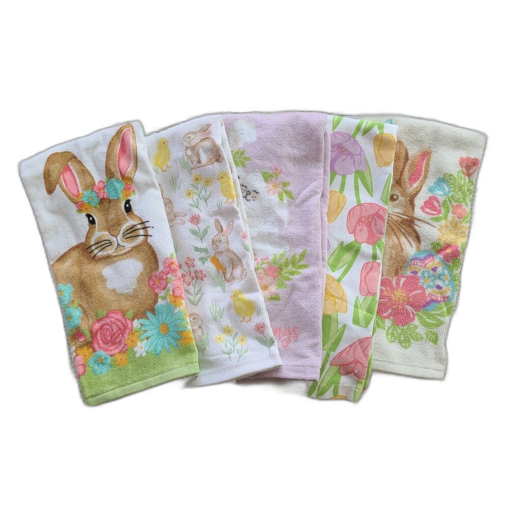 Set of Five Easter Bunny and Spring Floral Terrycloth Kitchen Towels 100% Cotton